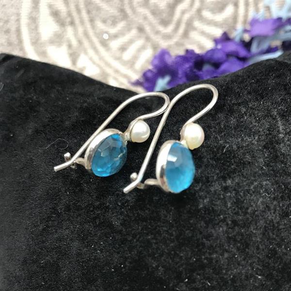 Silver/Pearl/Faceted Aqua Earrings