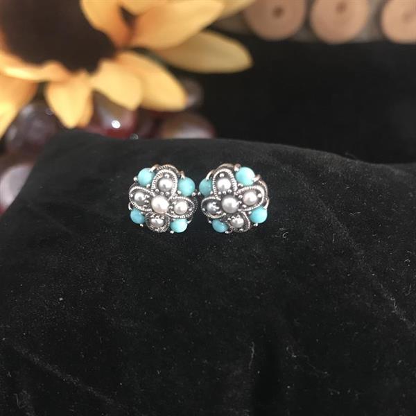 Silver, Turquoise and Seed Pearl Earrings